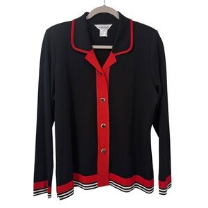 Misook knit jacket black red trim fold buttons MEDIUM career chic vintage
